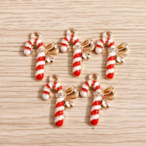 10pcs Christmas Crutch Charms with Enamel Bowknot for DIY Jewelry Making