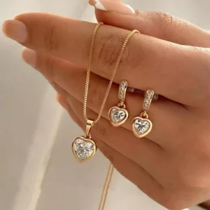 Elegant Double Heart Rhinestone Jewelry Set - Necklace and Earrings