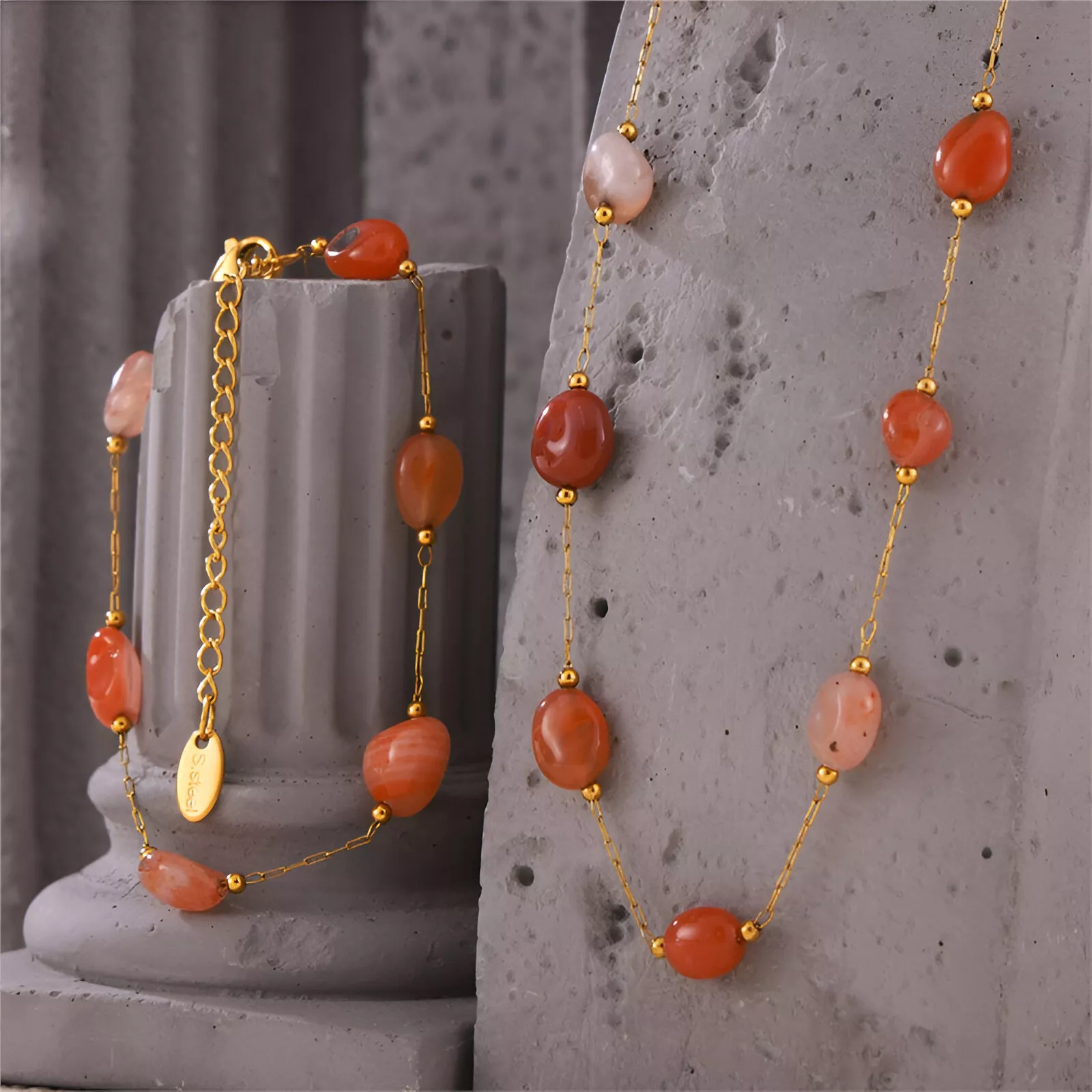 Luxury Natural Agate Stone Bead Necklace and Bracelet Set - Image 3