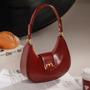 Vintage Red Crescent Underarm Bag - Genuine Leather Shoulder Bag for Women