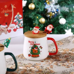 Christmas Ceramic Mug with Lid and Spoon Set