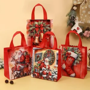Set of 4 Santa Non-Woven Christmas Gift Bags - Eco-Friendly Holiday Decor
