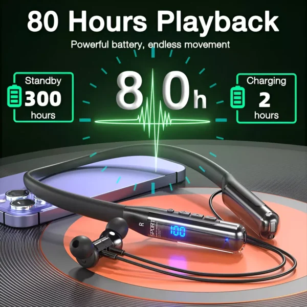 80 Hours Endurance Bluetooth Neckband Headphones, Wireless with Microphone - Image 2
