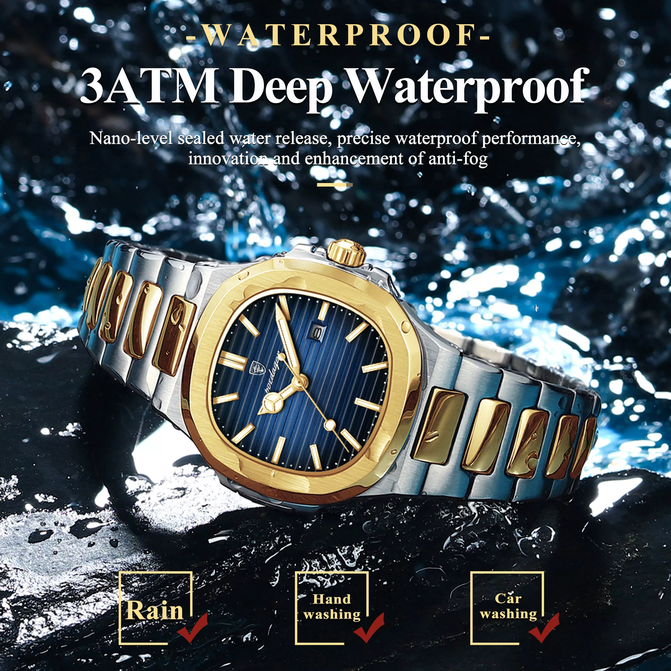 Luxury Square Waterproof Stainless Steel Ladies Watch with Luminous Hands - Image 2