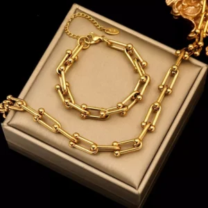 Stainless Steel Gold Thick Chain Necklace & Bracelet Set