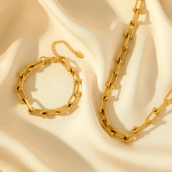 Stainless Steel Gold Thick Chain Necklace & Bracelet Set - Image 3