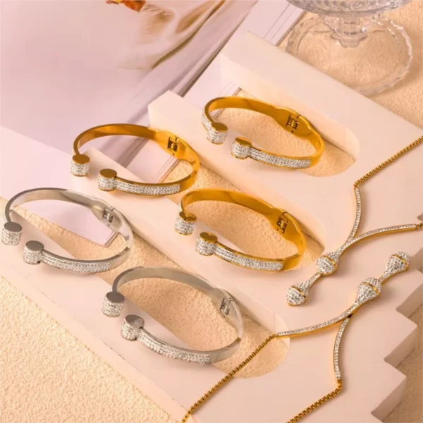 18k Gold Plated Zircon Necklace and Bangle Set for Women - Image 3