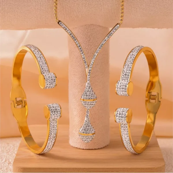 18k Gold Plated Zircon Necklace and Bangle Set for Women - Image 2