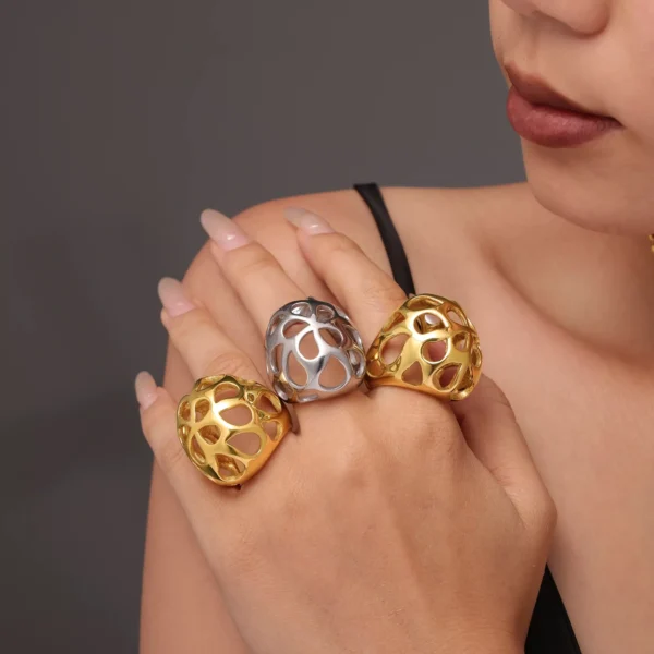18k Gold Plated Hollowed Stainless Steel Cocktail Ring for Women - Image 5