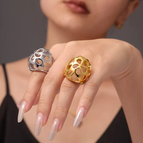 18k Gold Plated Hollowed Stainless Steel Cocktail Ring for Women - Image 4