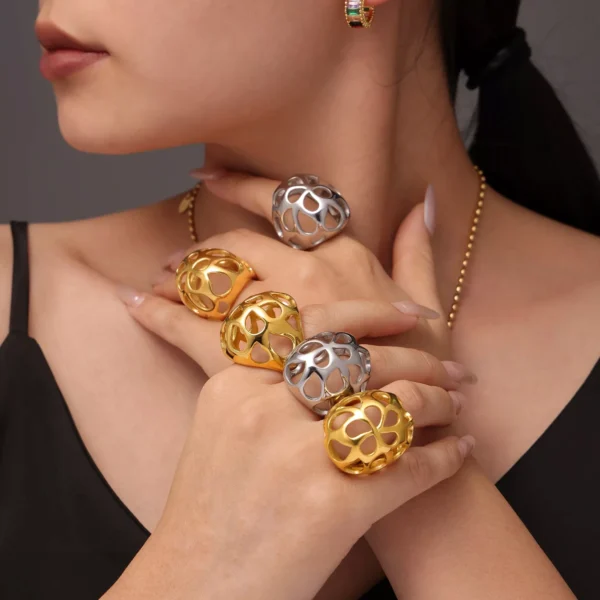 18k Gold Plated Hollowed Stainless Steel Cocktail Ring for Women - Image 6