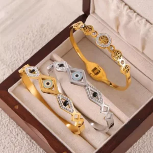Gold-Plated Devil's Eye Stainless Steel Bangle with Zircon Inlay for Women