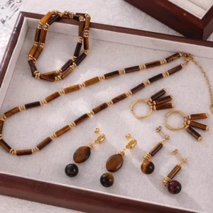 Gold Plated Stainless Steel Tiger Eye Jewelry Set for Women