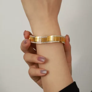 Vintage Gold Chunky Striped Cross Cuff Bracelet for Women