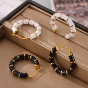 Vintage Black and White Bamboo Hoop Earrings