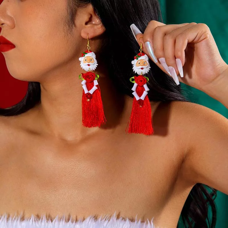 Christmas Red Rose Tassel Santa Earrings