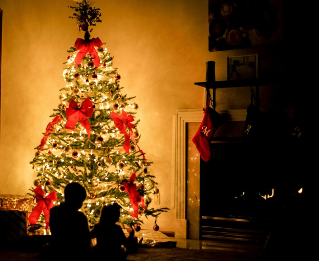 Lit Christmas tree with red bows in a dark room
