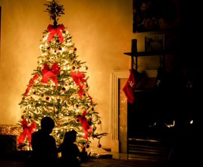 Lit Christmas tree with red bows in a dark room