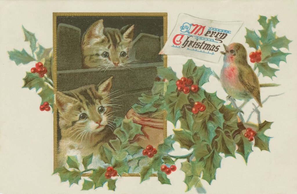Vintage Merry Christmas card with kittens, a robin and holly